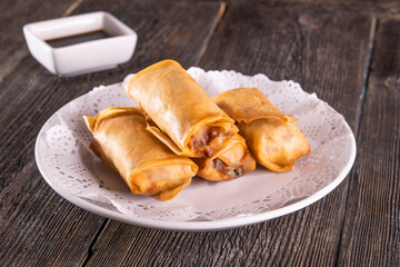 Chinese Green Onion Pancake Beef Rolls. Chinese food. soy sauce