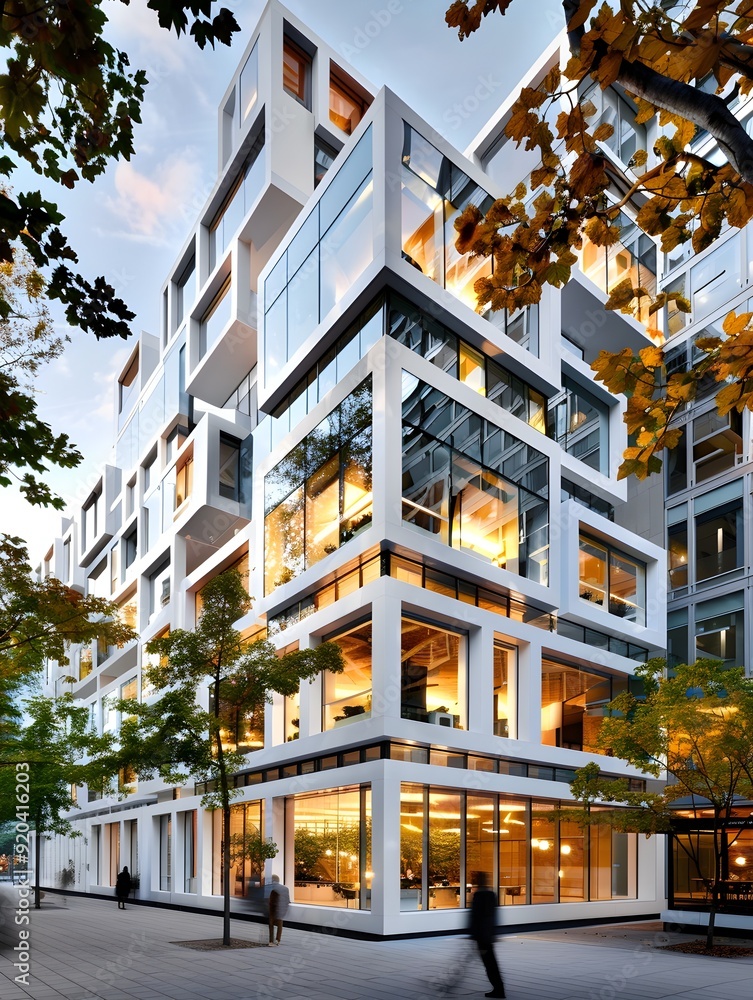 Poster modern architecture building with large windows.