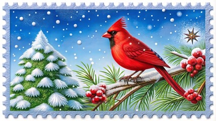 Vibrant illustration of a festive holiday postage stamp featuring a snowy North Pole scene with snowflakes, pinecones, and a bright red cardinal.