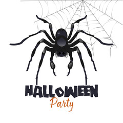 Black scary spider on the web. Isolated design on white background. Below is the inscription Halloween party. Like banner, poster design