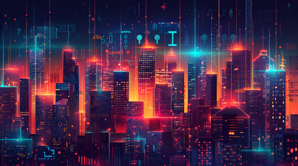 Fototapeta premium Abstract tech city with blue and red neon glow on black background Realistic illustration of future technology town urban landscape with skyscraper constructions and innovation network 