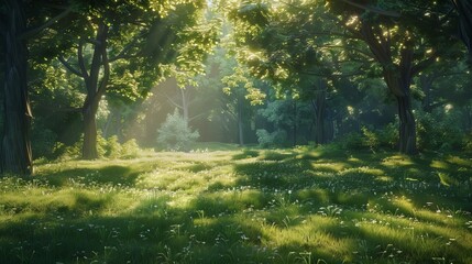 Obraz premium Experience the peacefulness of a forest clearing, where the sunlight streams through the trees and the grass is soft underfoot.