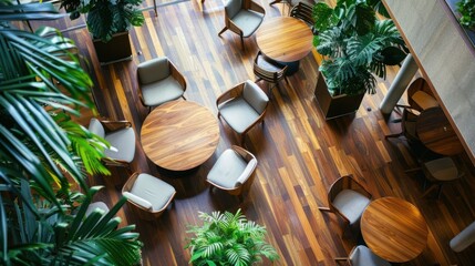 Overhead View of a Modern Cafe with Wooden Tables and Chairs