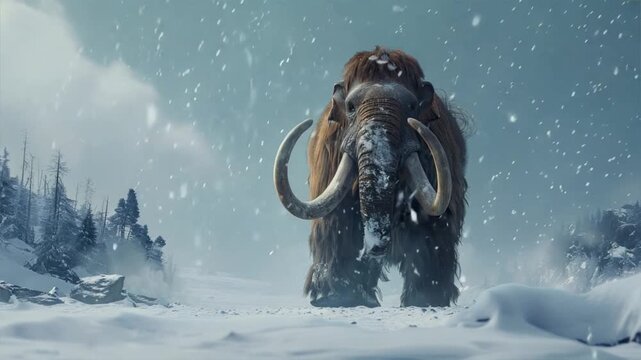 Mammoth in a Blizzard: A majestic woolly mammoth stands tall in a snow-covered landscape, its powerful presence commanding respect and awe. Its tusks pierce the air as it braves the elements, embodyin
