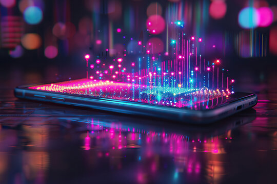 A modern smartphone on a table emits a neon holographic glow. Generated by artificial intelligence - Powered by Adobe