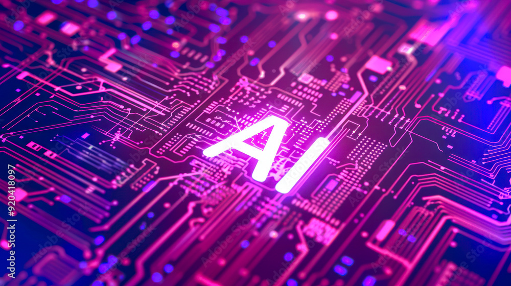 Fototapete processor or microchip with ai text on circuit board. artificial intelligence background illustratio
