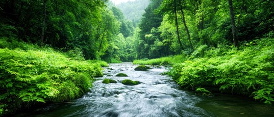 Obraz premium Lush green forest with a river flowing through, vibrant nature scene