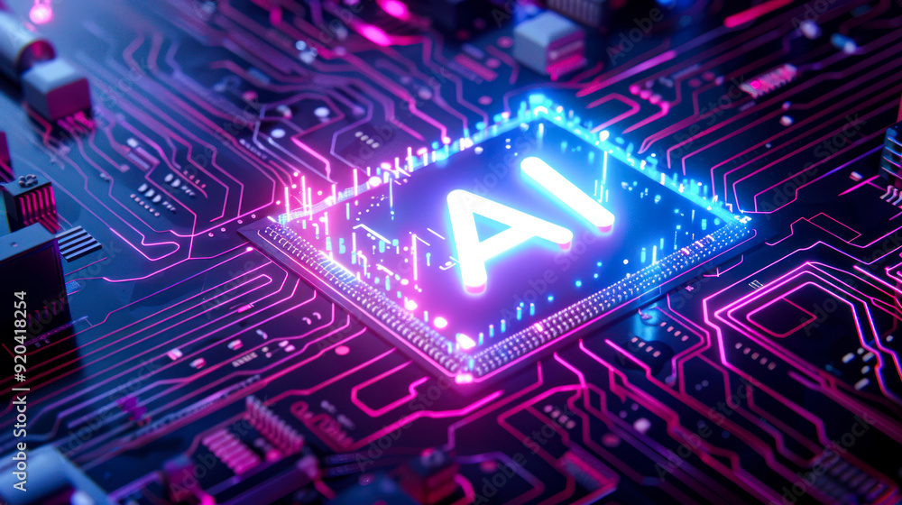 Poster Processor or microchip with AI text on circuit board. Artificial intelligence background illustration. Core of artificial intelligence machine with neon light of energy. computer technology, data