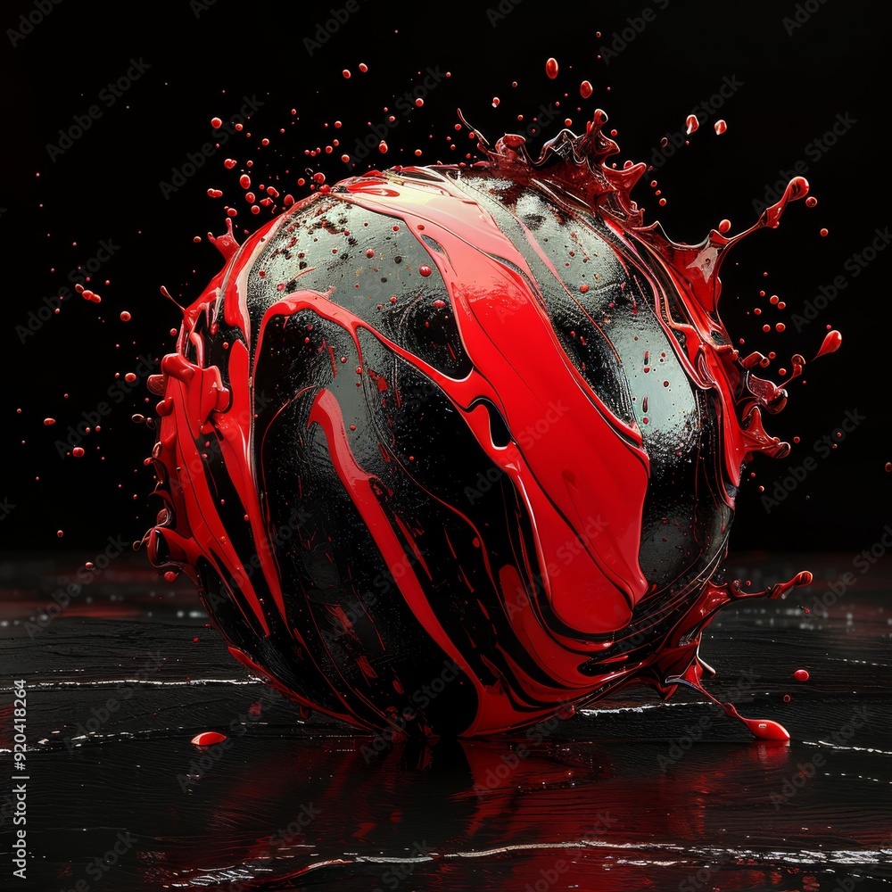 Poster this 3d render features a striking spherical object in vibrant red against a sleek black background,