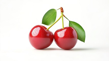 two red cherries with green leaves on white background