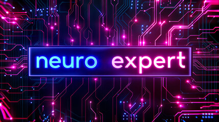 Neon nameplate with neuro expert text on circuit board. Neuro illustrator, data analyst, ML engineer. Artificial intelligence Digital profession education. computer technology, data, AI specialist