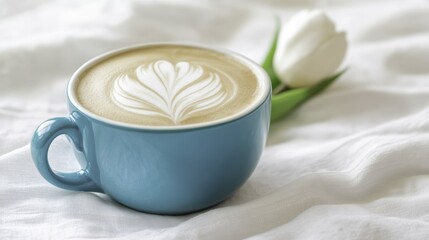 Blue Cup Latte Art & White Tulip on White Fabric