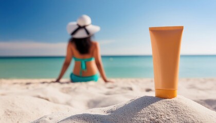 Naklejka premium Tube of sunscreen on the summer beach and woman sunbathing