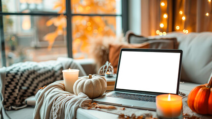 Cozy fall background with laptop with blank screen, knitted plaid, orange pumpkins and candles. Autumn distance work, online education courses, webinar. Autumn laptop mock up for web site, app