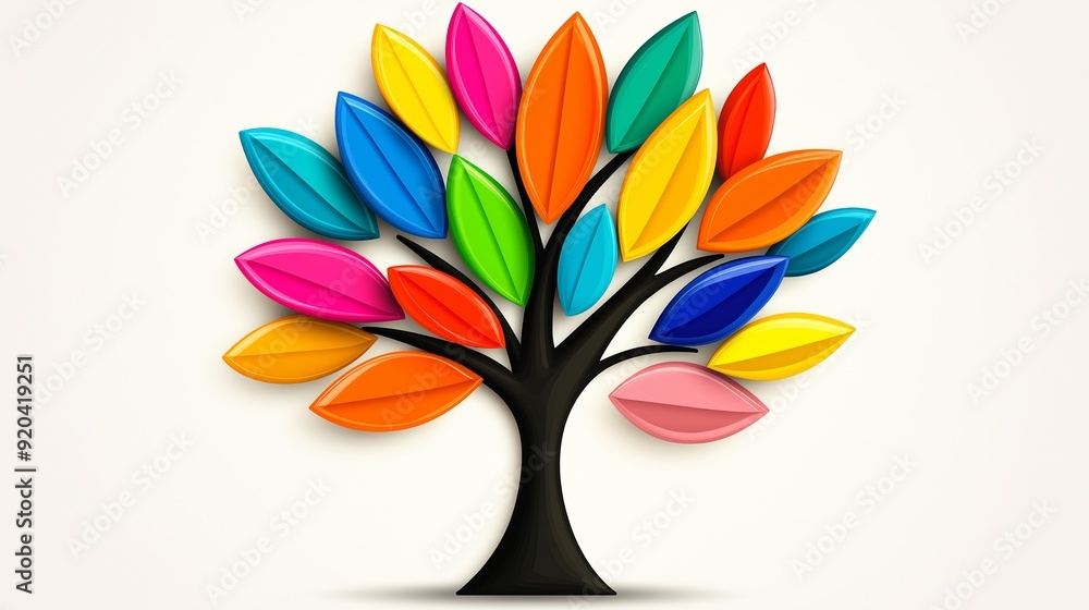 Poster a colorful tree with many leaves. the leaves are of different colors and sizes. the tree is the main