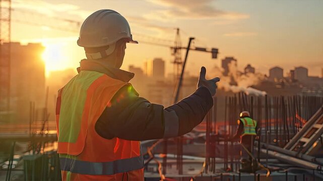 Construction Worker at Sunrise:  A construction worker in a hard hat and safety vest stands on a construction site, pointing towards the city skyline, as the sun rises in the background. This image ca