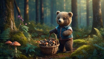 cute little bear cub wearing trousers collect mushroom