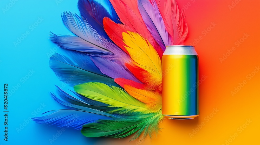 Poster a can of beer is placed on top of a colorful feather arrangement. concept of fun and creativity, as 