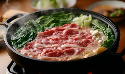 Japanese shabu-shabu hotpot dish with beef, mushrooms, and various vegetables,  Generative AI