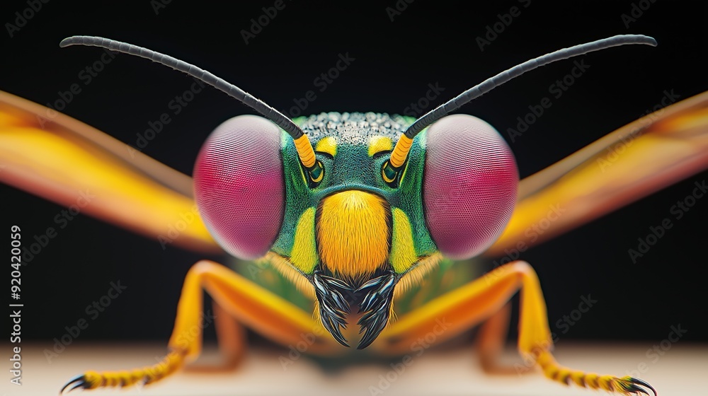 Poster a close up of a bug's face with red eyes and a yellow and green body. the bug has a menacing look on