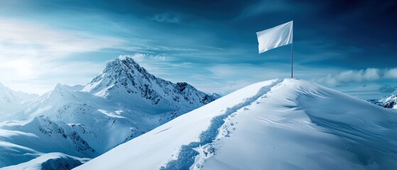 Bright path winding to a summit flag, denoting goals and milestones Deep blue tones, inspirational theme