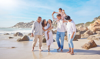 Parents, grandparents and children walking on beach for bonding, holiday and travel with smile....