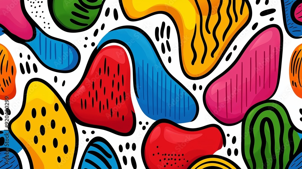Poster a colorful abstract painting with a variety of shapes and colors. the painting is full of energy and