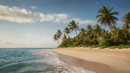 A serene tropical island with palm trees gently swaying in the breeze, golden sand stretching along the shore, with open space on the right side for text.
