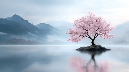 Enchanting cherry blossom tree on a small island, serene lake and misty mountains