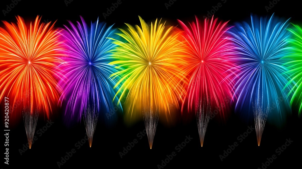 Poster a row of fireworks with different colors. the fireworks are lit up and are in the air