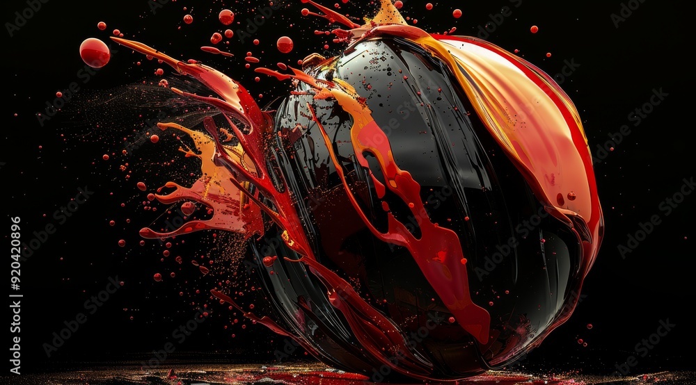 Poster in this captivating 3d rendering, a stunning spherical object is splashed with vibrant, rich red pai