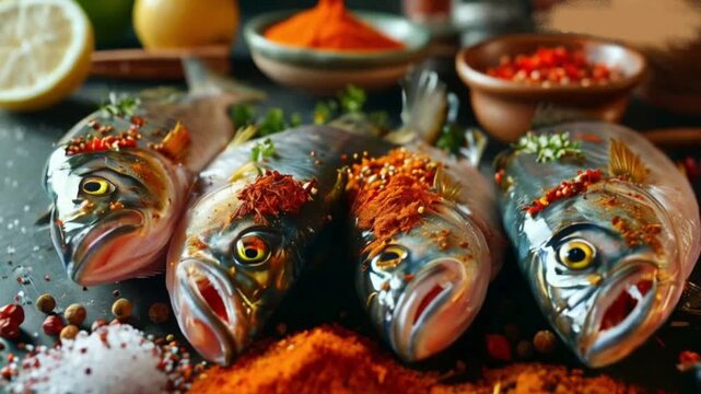 Four fishes are lying on the table and they are covered with spices and hd high quality video 
