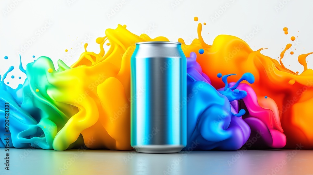 Poster a can of soda is placed in front of a colorful splash of paint. concept of creativity and fun, as th