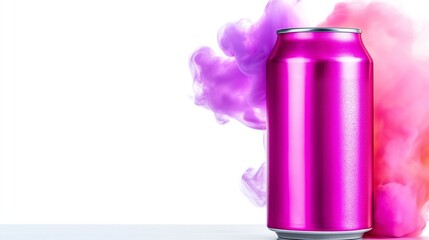 A can of pink soda is next to a cloud of purple smoke. The smoke is coming from the can, creating a dramatic and eye-catching effect. Concept of excitement and energy