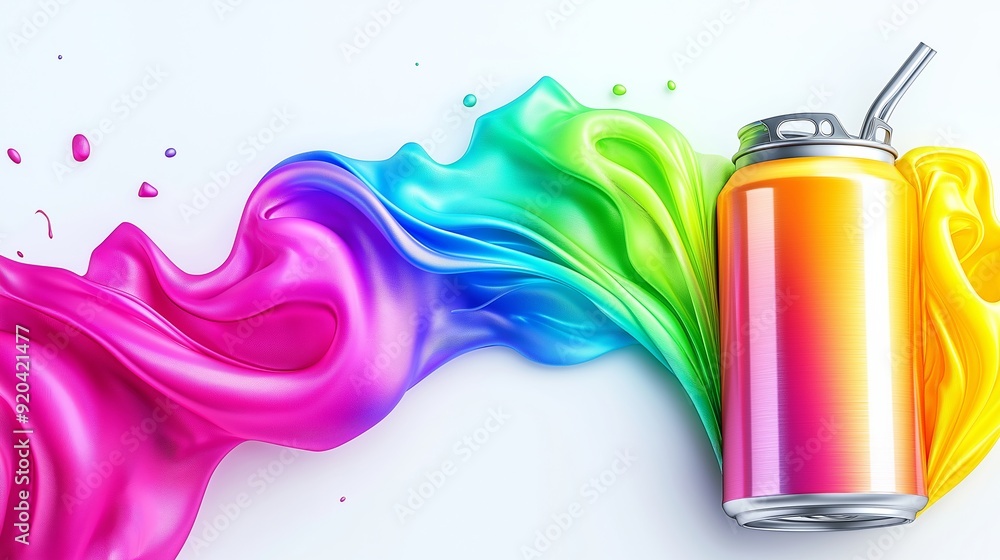 Poster a can of soda is placed on top of a colorful, flowing fabric. concept of fun and excitement, as the 