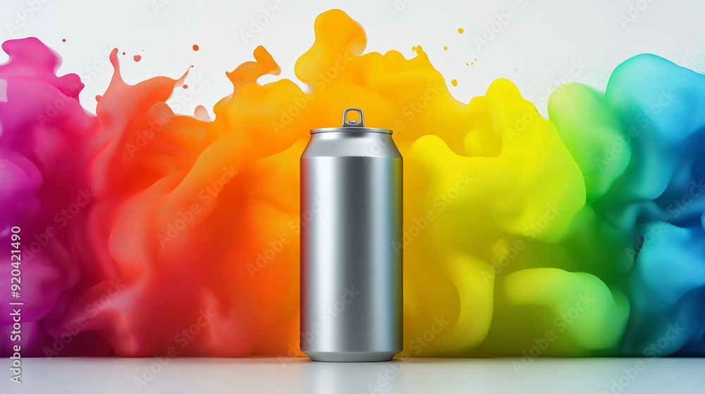 Aufkleber a can of soda is placed in front of a colorful explosion of smoke. concept of excitement and energy,