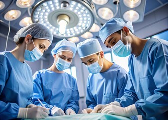 Skilled medical professionals in scrubs and masks focus intensely as they work together to perform a complex surgical procedure in a well-lit operating room.
