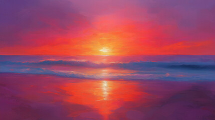 Fototapeta premium Dreamy Sunset on the Beach with Pink Sea Sky and Orange-Pink Afterglow Reflecting on the Shimmering Sea Surface, Creating a Fairy Tale World