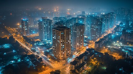 An aerial view of Gurugram downtown at night, highlighting the illuminated buildings and vibrant cityscape in the Haryana district of India.