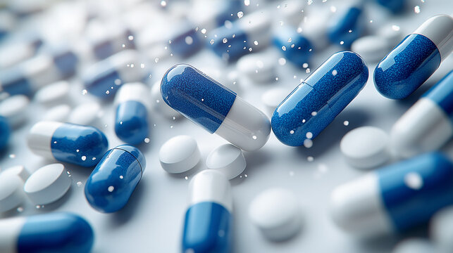  Blue Pills On a Isolated White Background. Blue Pharmaceutical Capsules Floating on Air.
