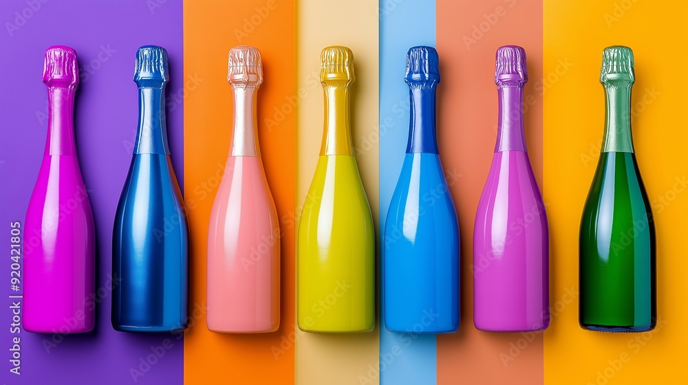 Poster a row of colorful champagne bottles are lined up on a table. the bottles are in various colors, incl
