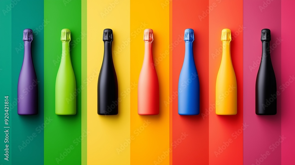 Poster a row of colorful champagne bottles are lined up on a rainbow background. the bottles are of differe