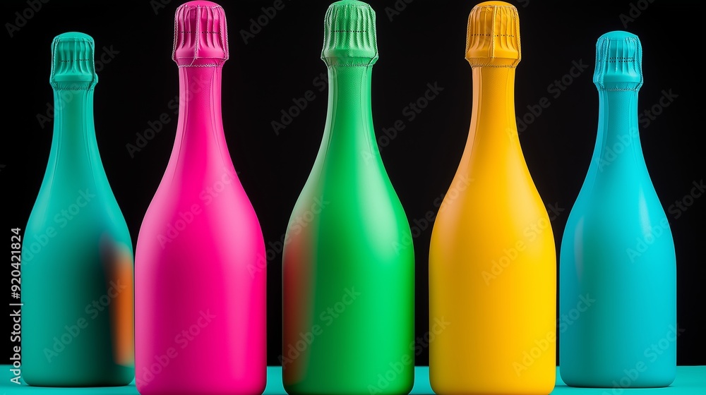 Poster a row of colorful bottles with a blue bottle in the middle. the bottles are painted in different col