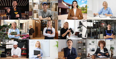 Confident people of different occupations, collage of portraits