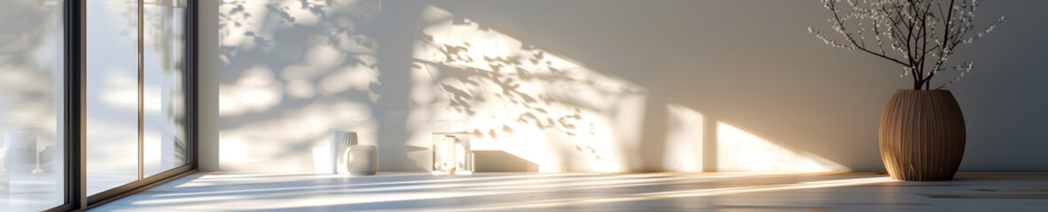 Minimalist interior design with soft natural light, white vase and a vase with dried flowers, a wooden floor and a window.