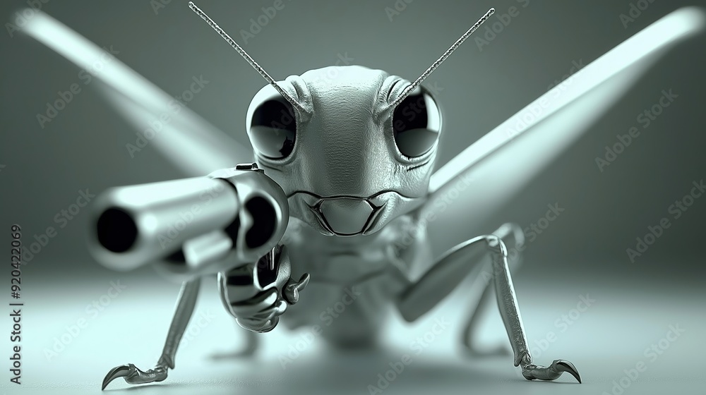 Poster A bug is holding a gun and looking at the camera. The image has a dark and eerie mood, as the bug is not a typical subject for a gun-wielding character