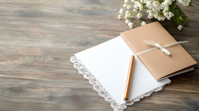 Vintage-inspired wedding stationery with lace patterns, classic fonts, and a romantic color scheme on an antique wooden table.