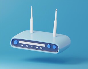 Obraz premium 3D blue router with white antennas against a blue background, 3D render