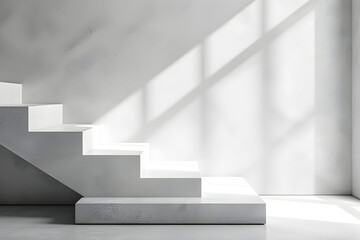 White steps and platform against a white wall with a window.