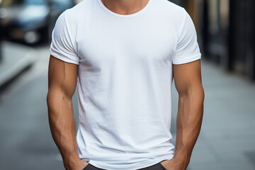 White Blank T-Shirt Mockup. Men&rsquo;s Plain Tee Template. Apparel Design Mockup. Clothing Fashion Mockup
